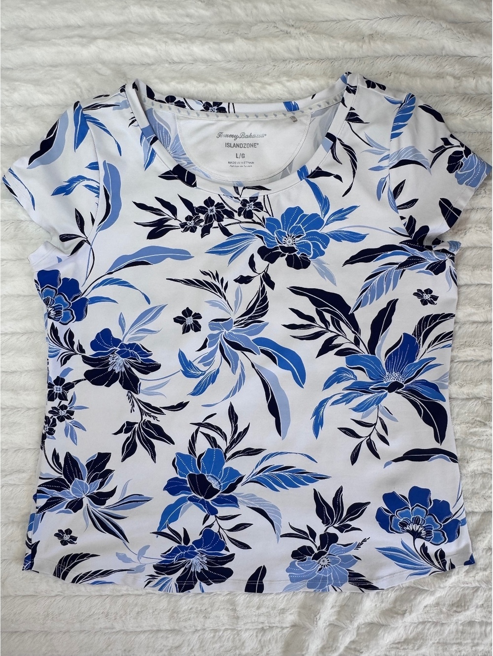 Tommy Bahama IslandZone Women's Large Floral Print Short Sleeve Shirt Blue White